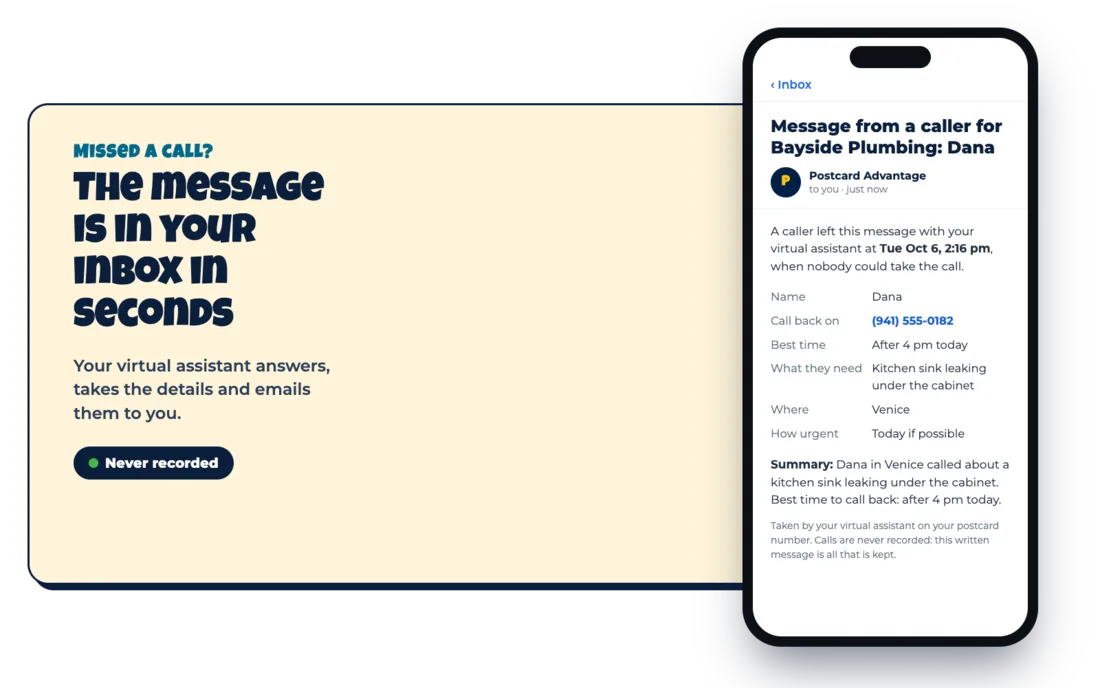 A phone showing the message email the virtual assistant sends: the caller's name, call-back number, best time, what they need, where and how urgent