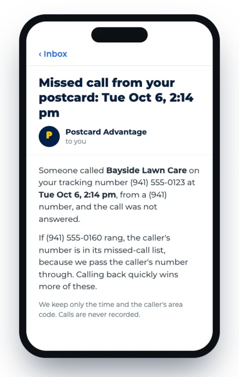 The missed-call email on a phone: the time of the call, where the caller's number is from, and a reminder that the caller's number is in your missed-call list