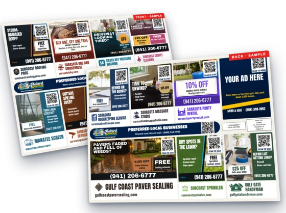 A sample 9x12 jumbo shared postcard, front and back, showing eight advertiser slots a side