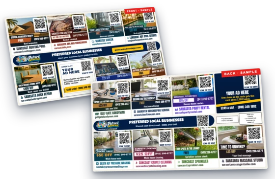 A sample 6x11 community shared postcard, front and back, showing eight advertiser slots a side