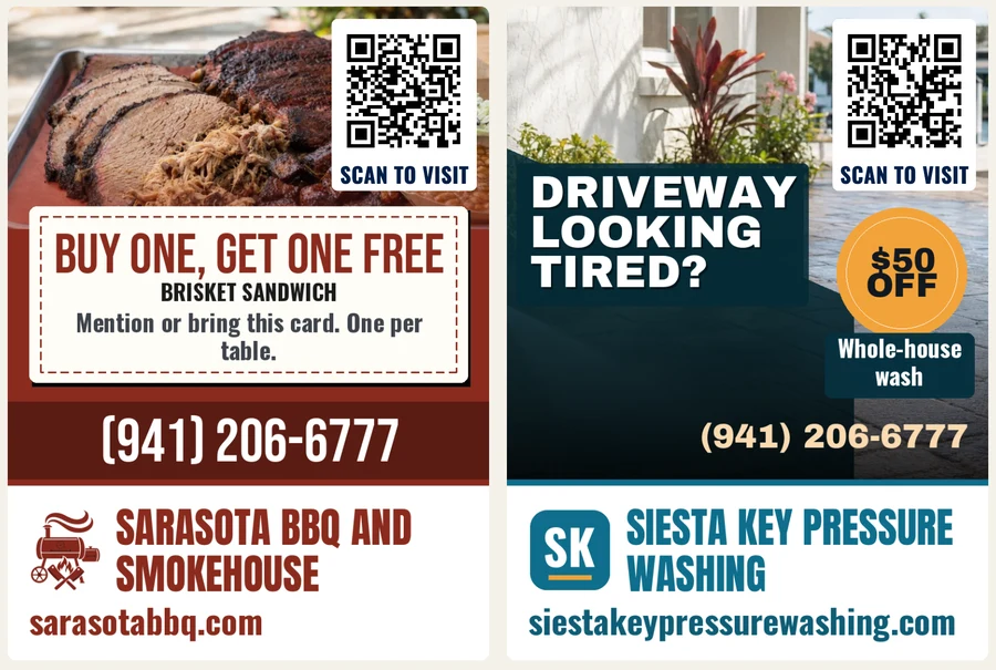Two sample ads, each with its own QR code in the top-right corner